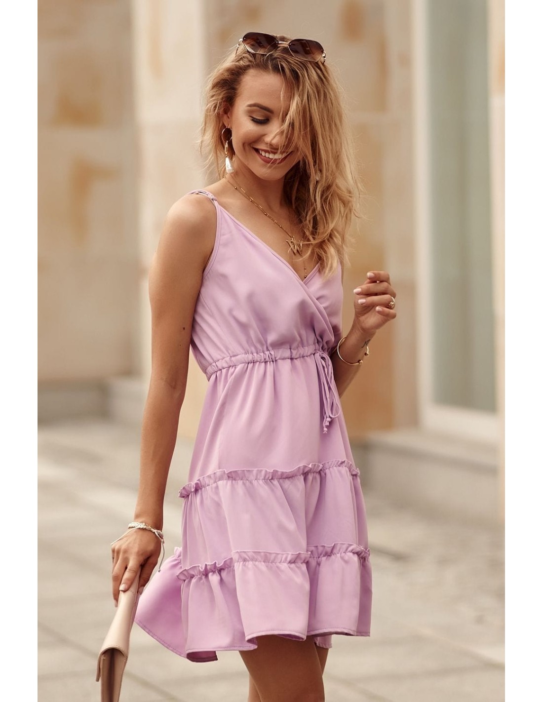 Delicate dress with an envelope neckline, purple PR3200 - Online store - Boutique